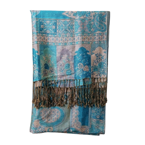 Pashmina Teal and Beige Paisley Scarf - Picture 5 of 6